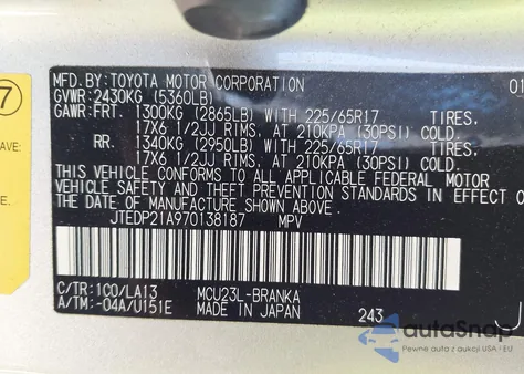 2007 Toyota Highlander Limited V6 z USA, uszkodzony, nr VIN JTEDP21A970138187